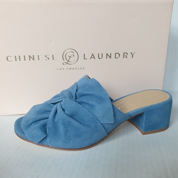 Chinese Laundry Marlowe Blue Kid Suede Block Heeled Slip-On Mule Slides Sz 6.5 - Picture 16 of 16